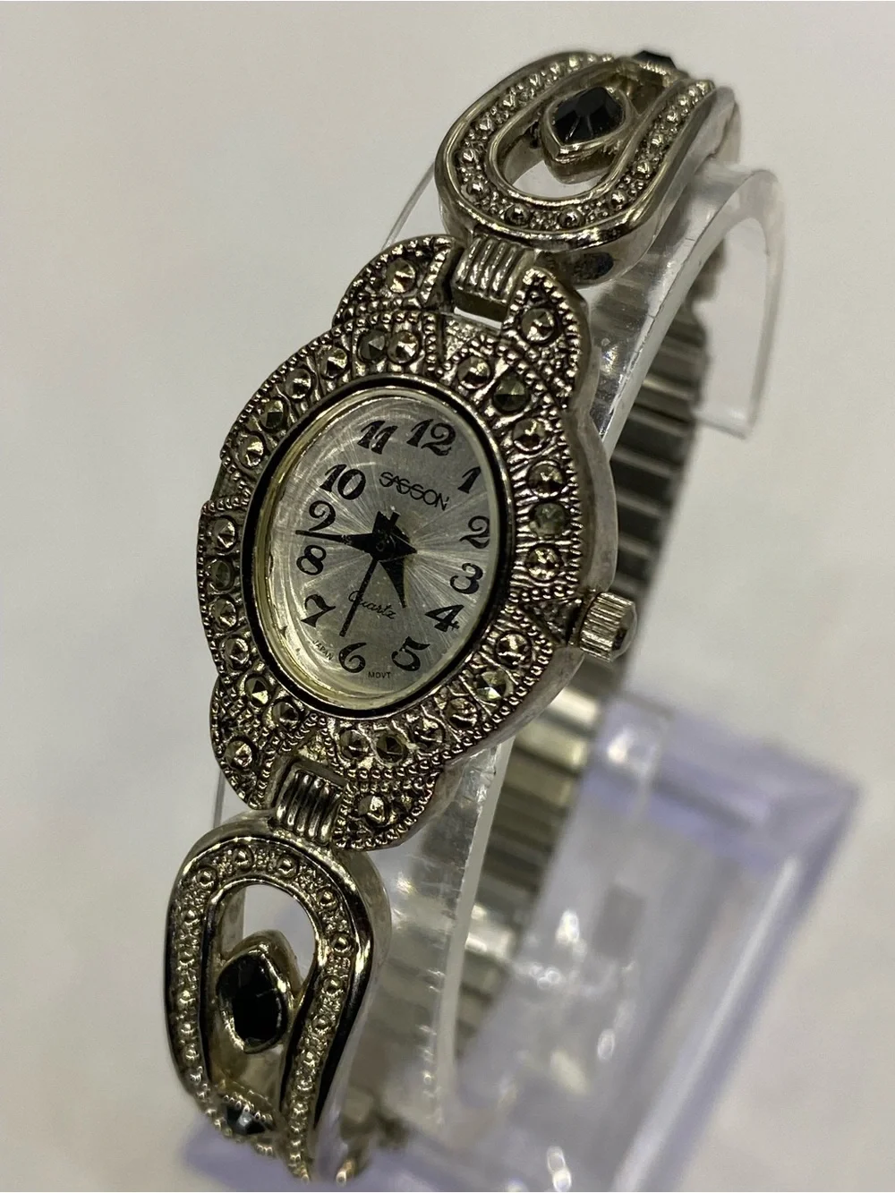 Designer ***  Silver-Tone  ^^^ Marcasite” Oval Bracelet Watch ***